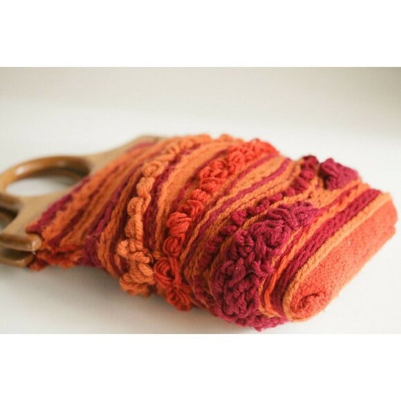 Vintage 70s Textured Knit Macrame Colourful Wood Handle Tote - Picture 4 of 7